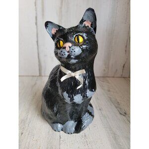 Vintage ceramic Black Cat Halloween bow home decor figure